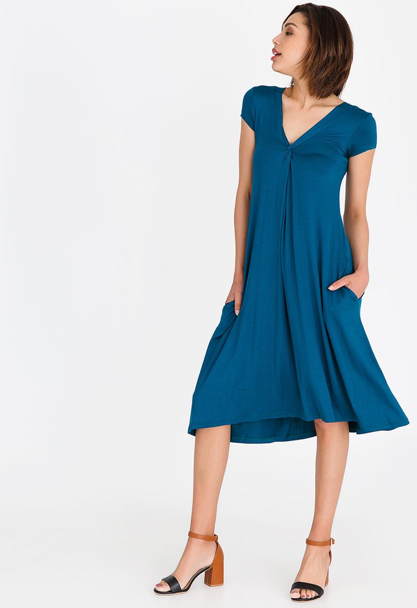 edit - V-neck knot front detail dress - blue