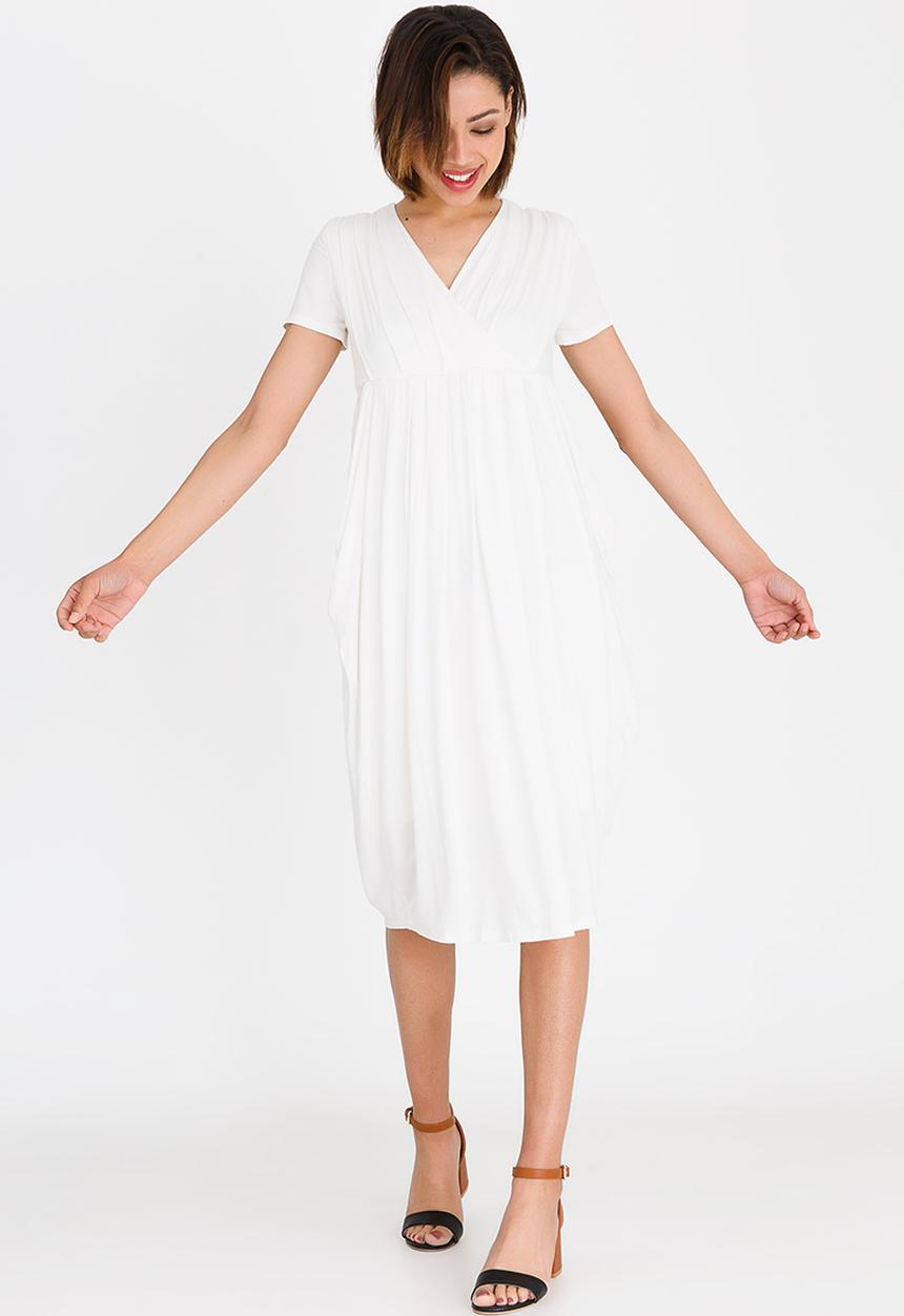 edit - Short Sleeve Dress with Pleats Off White