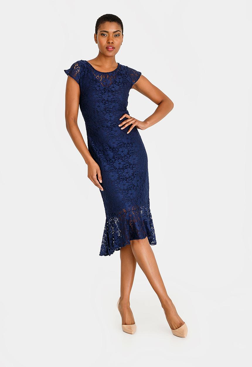 edit - Fitted lace dress with frills - navy 