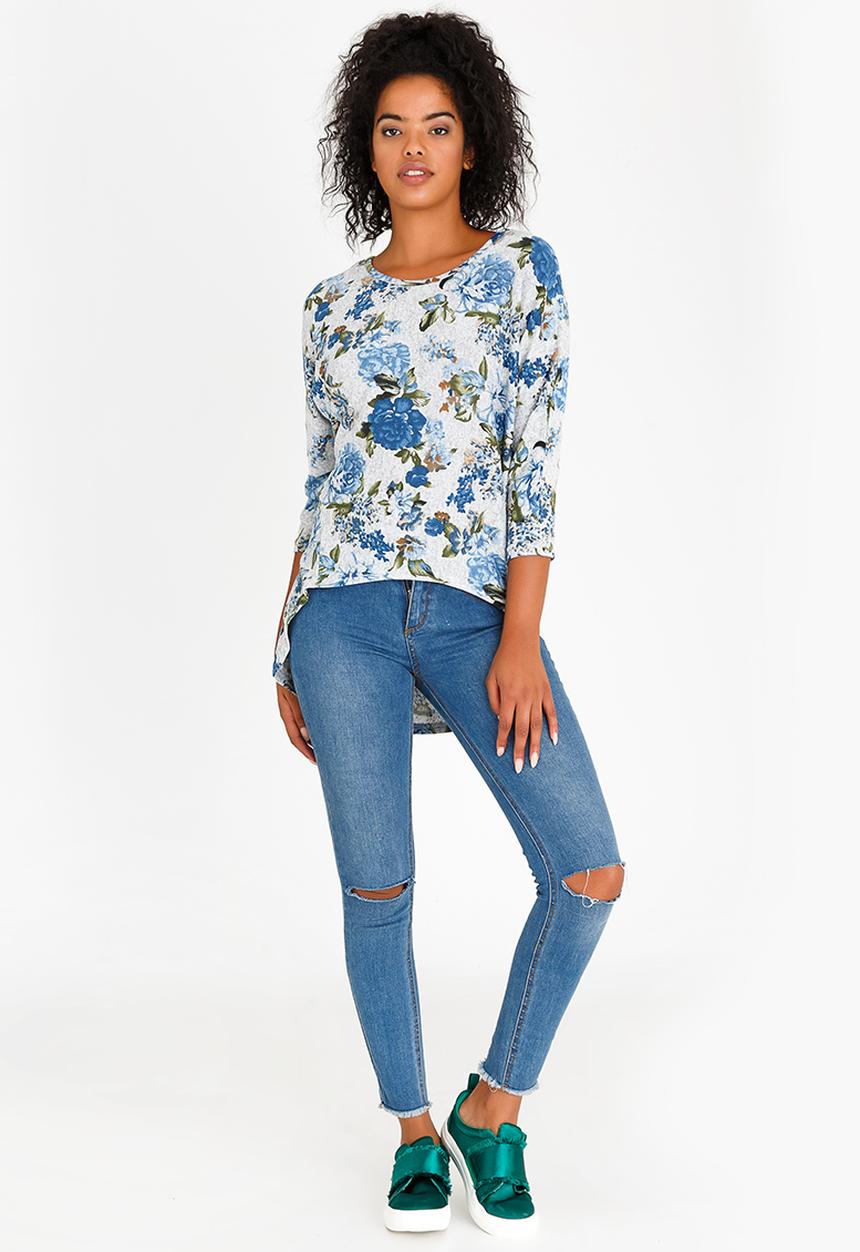 Revenge - Floral Batwing Top Blue