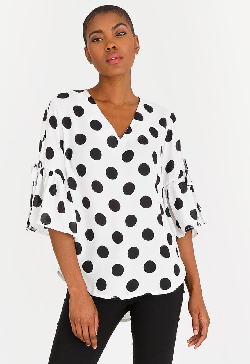 edit - Flutter Sleeve Blouse with Ties Black and White