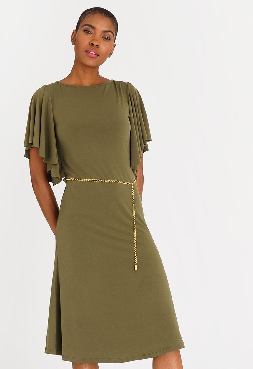 edit - Flutter Sleeve Dress with Belt Khaki Green