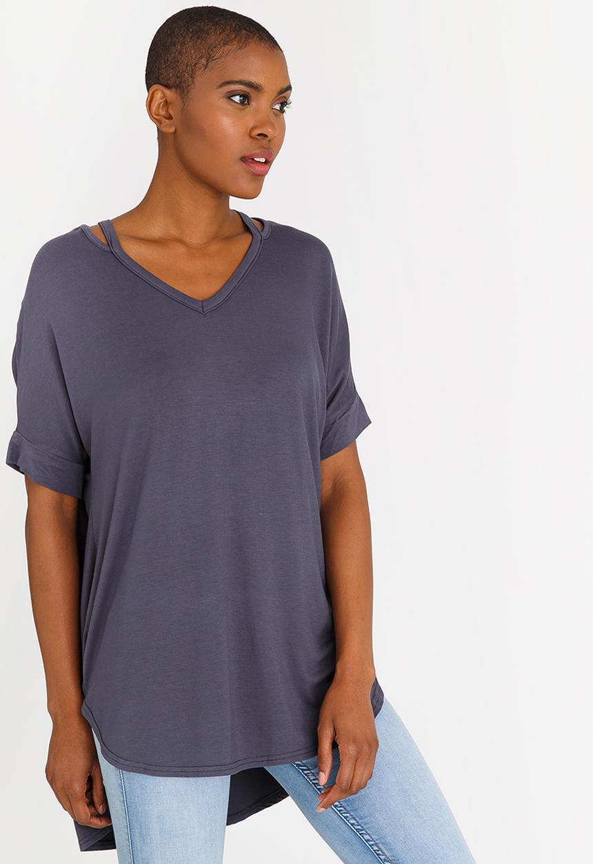 edit - Cut Out Neckline Oversized Top Charcoal