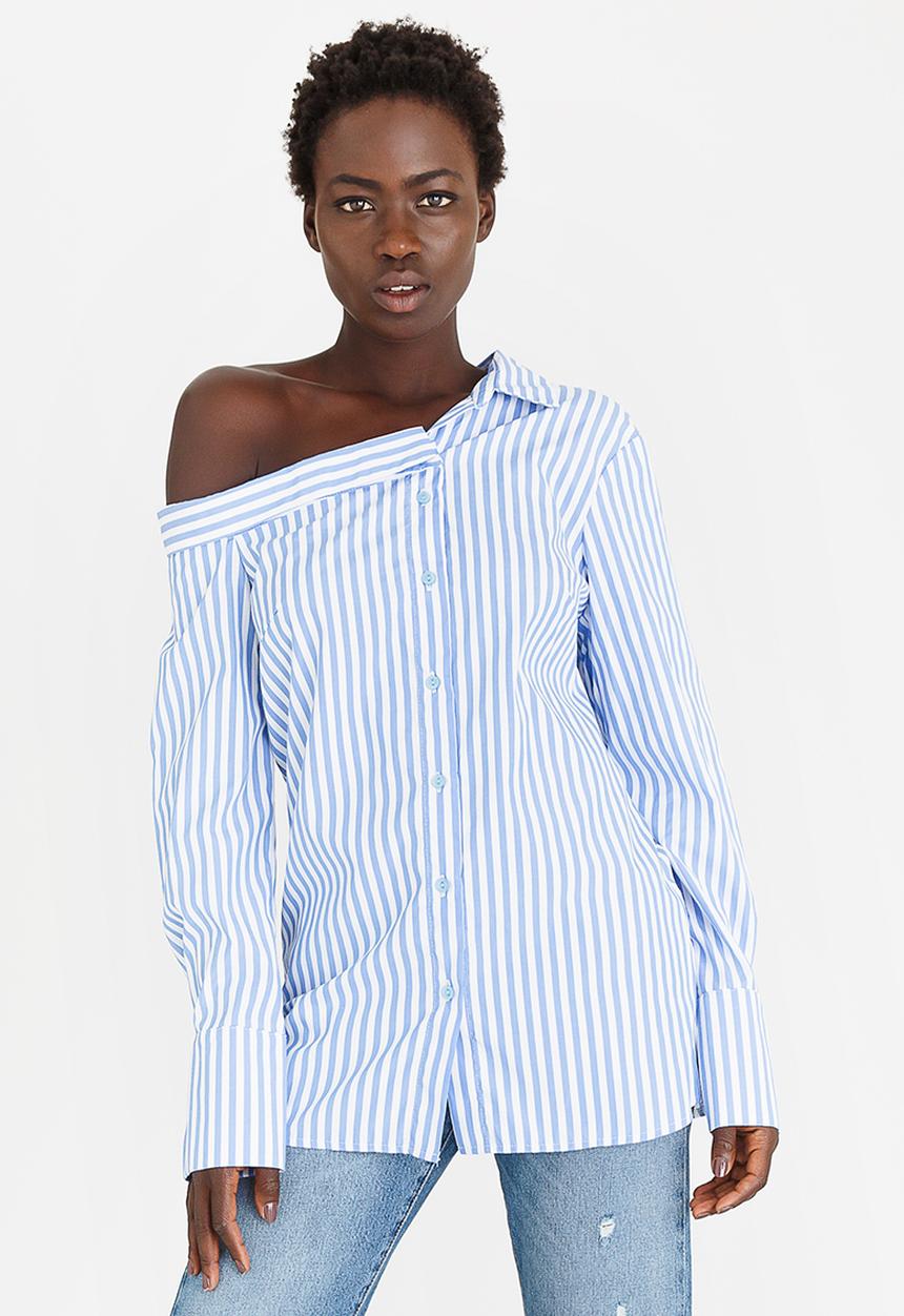 STYLE REPUBLIC - Striped Off the Shoulder Shirt Blue and White