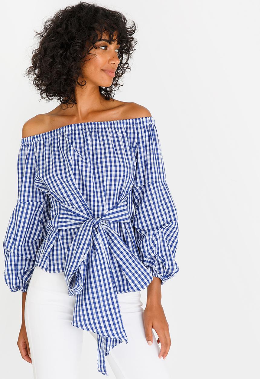 STYLE REPUBLIC - Ruched Sleeve Checked Bardot Blouse Blue and White