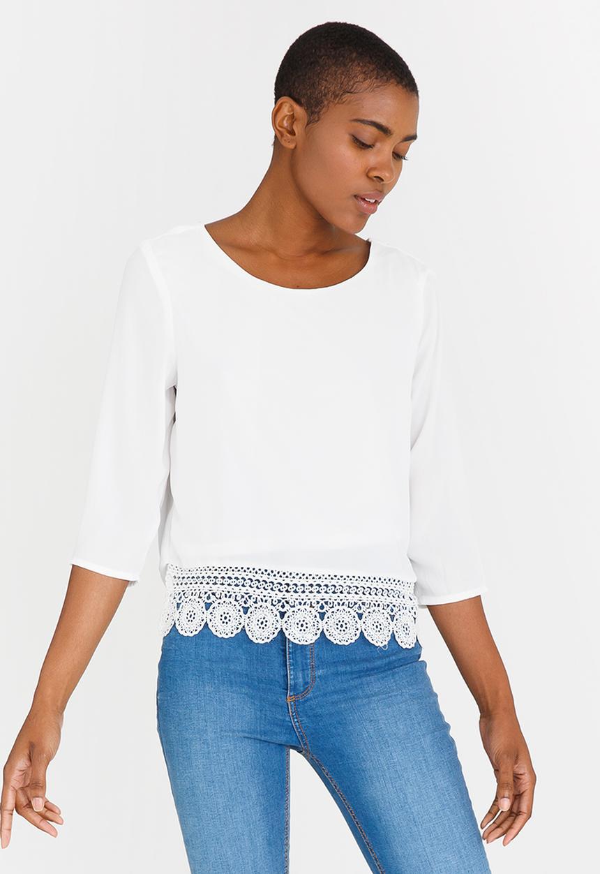 Revenge - Crop Blouse with Lace Border Cream