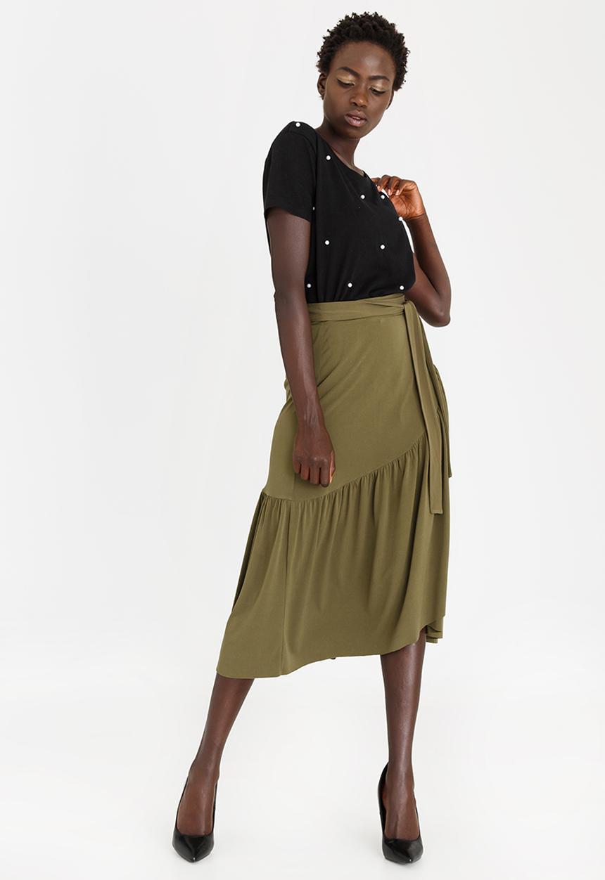 STYLE REPUBLIC - Frill Detail Wrap Skirt Khaki Green