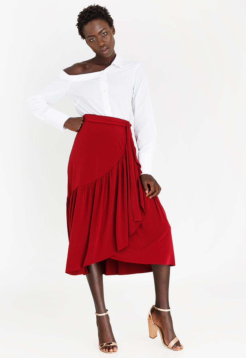 STYLE REPUBLIC - Frill Detail Wrap Skirt Burgundy