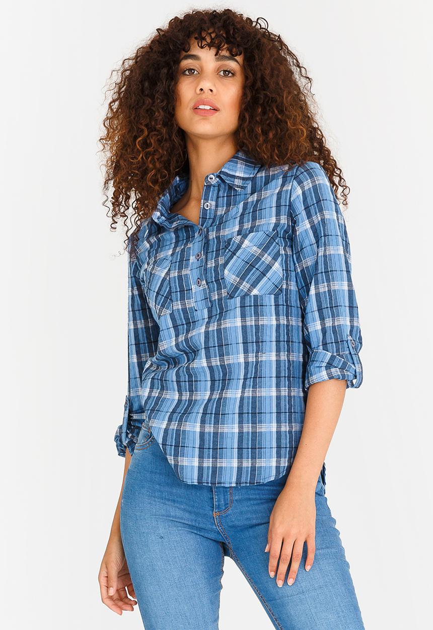 edit - Checked Shirt with Roll-up Sleeves Blue