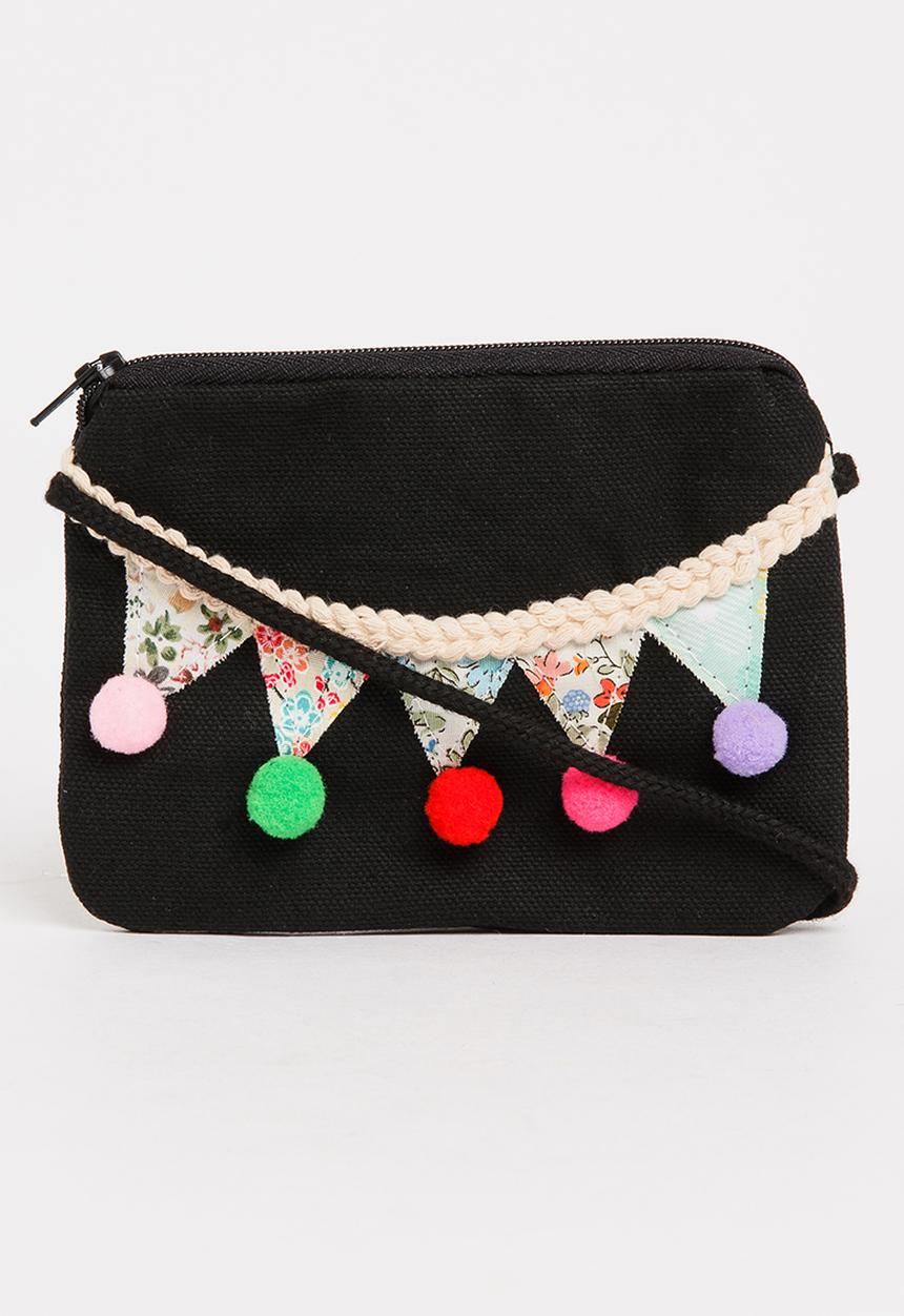 Pop Candy - Sling Bag with Pom-Pom Detail Black