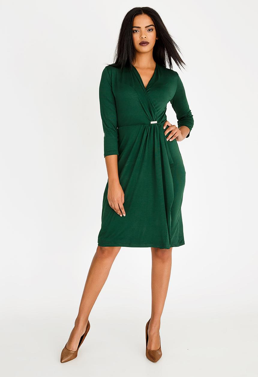 edit - Trim Detail Wrap Over Dress Dark Green