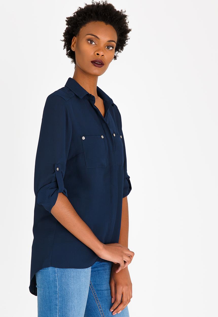 edit - Blouse with Concealed Button Stand Navy