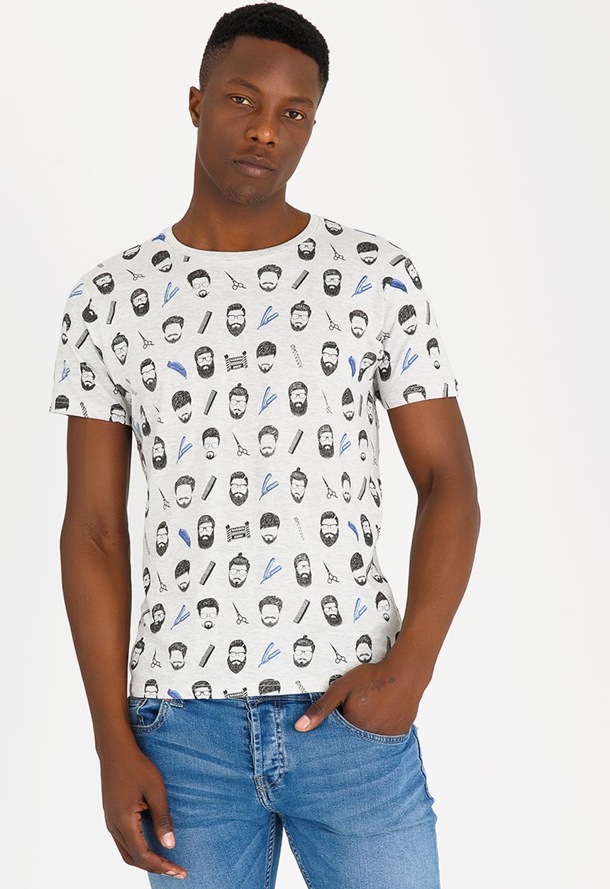 Brave Soul - Barberb All Over Print Crew Neck Tee Grey