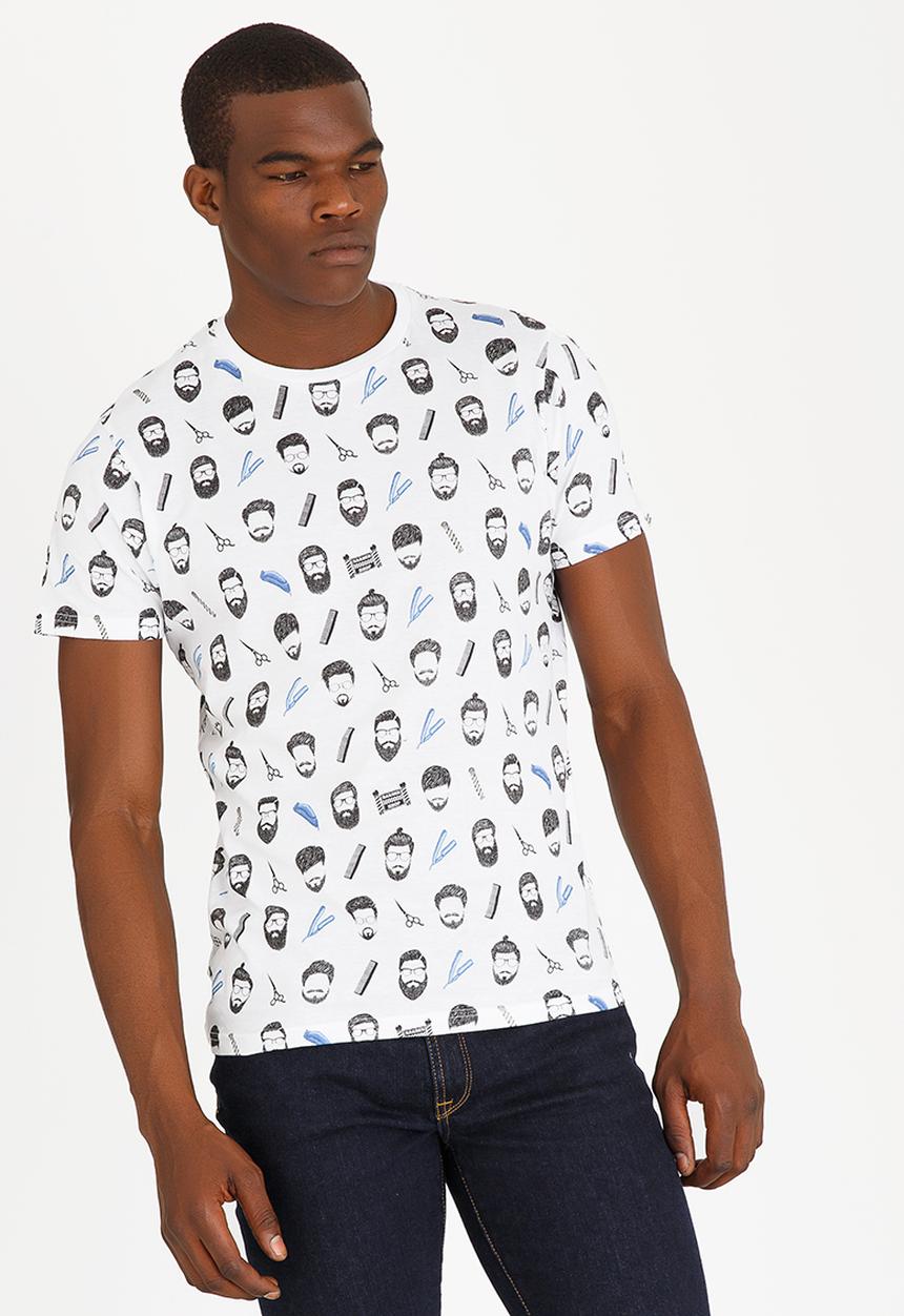 Brave Soul - Barberb All Over Print Crew Neck Tee White