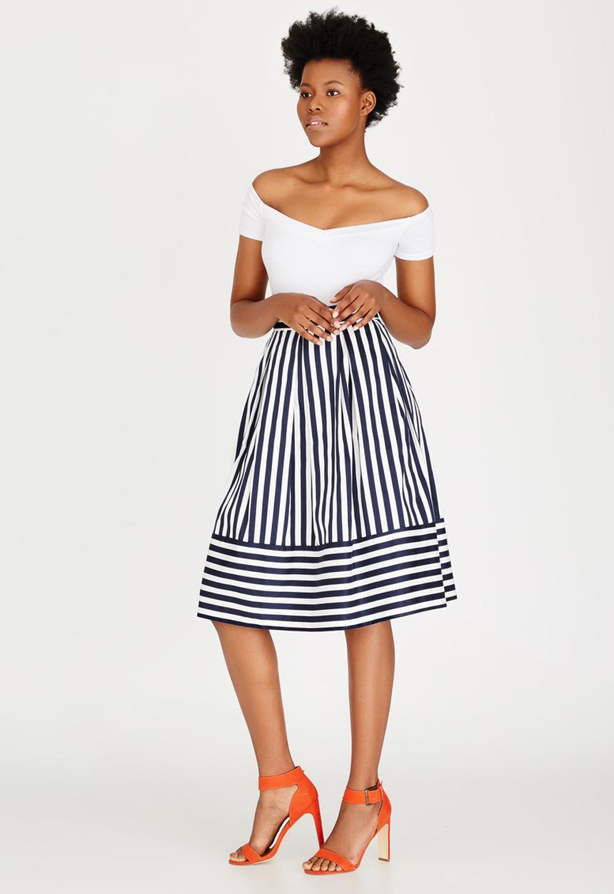 Closet London - Stripe Box Pleat Midi Skirt Navy