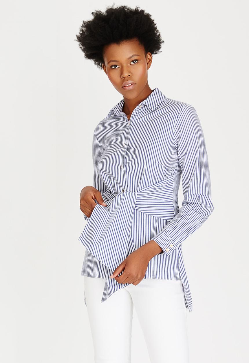 Closet London - Stripe Front Tie Detail Shirt Blue and White