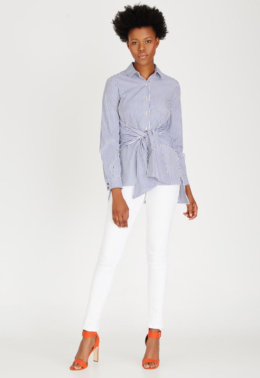 Closet London - Stripe Front Tie Detail Shirt Blue and White