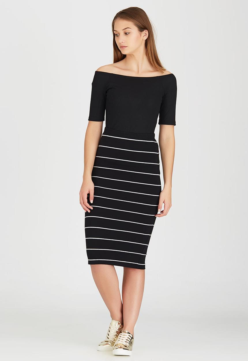 ONLY - Abbie Stripe Mid Calf Skirt Black and Grey