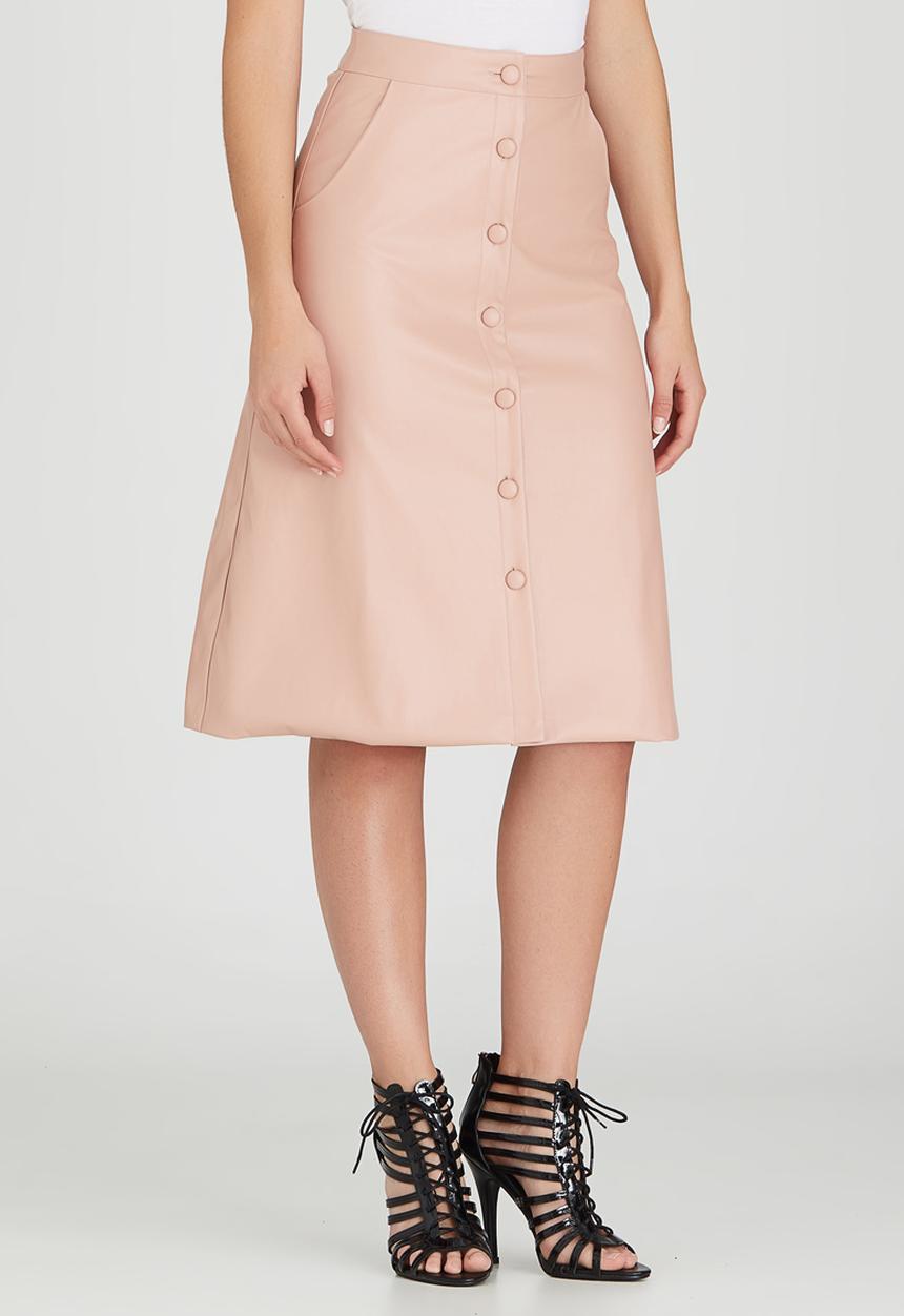 Fashion Union - Sarah Leather-look Button Front Midi Skirt Pale Pink