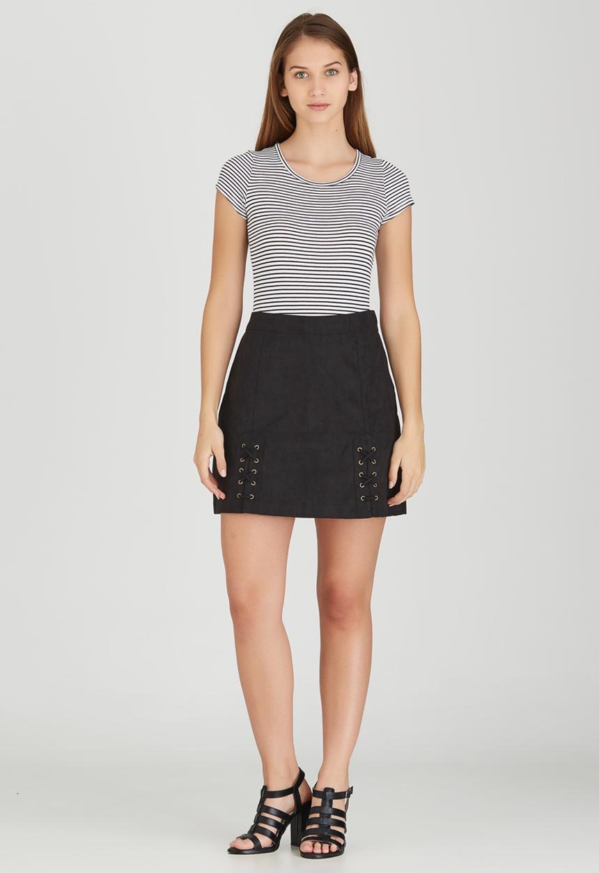 Brave Soul - Side Tie Detail Suede-like Skirt Black