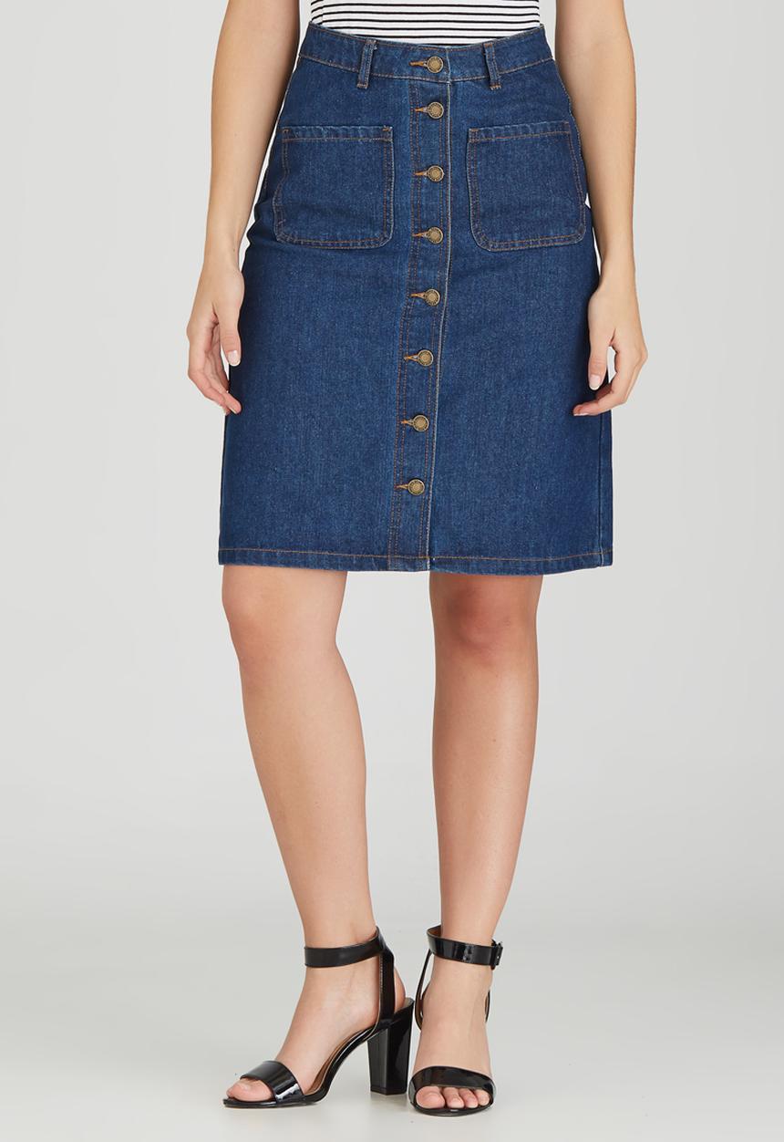 Brave Soul - Knee Length Button Through Denim Skirt Dark Blue