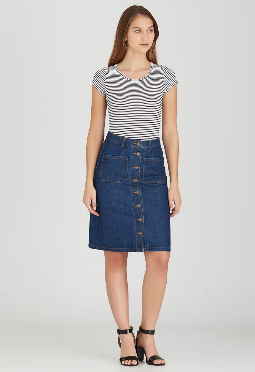 Brave Soul - Knee Length Button Through Denim Skirt Dark Blue