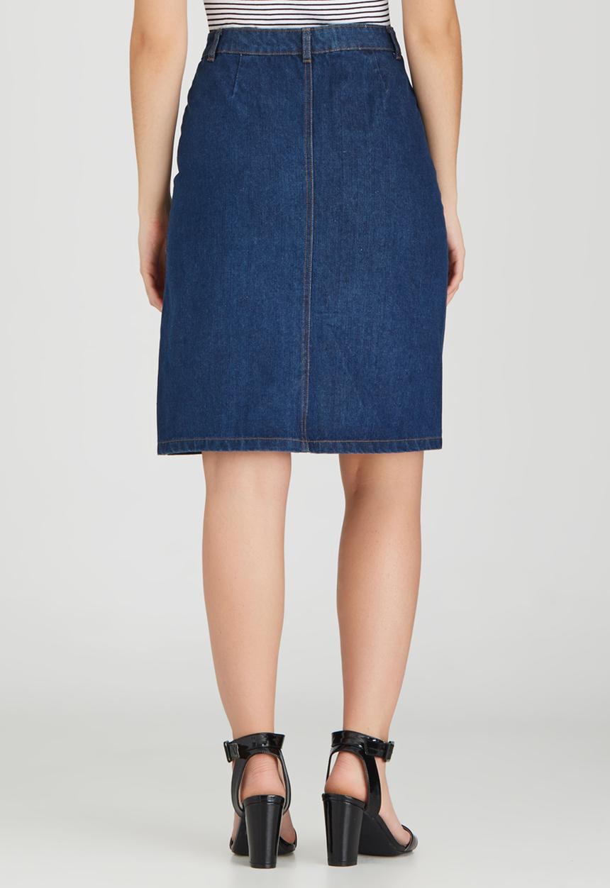 Brave Soul - Knee Length Button Through Denim Skirt Dark Blue