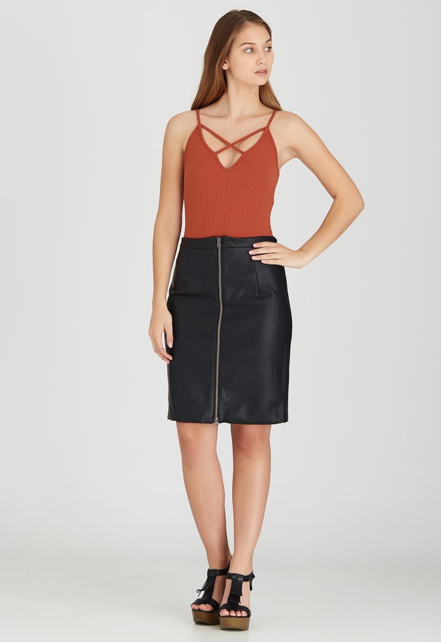 Brave Soul - Zip Front Leather-look Skirt Black