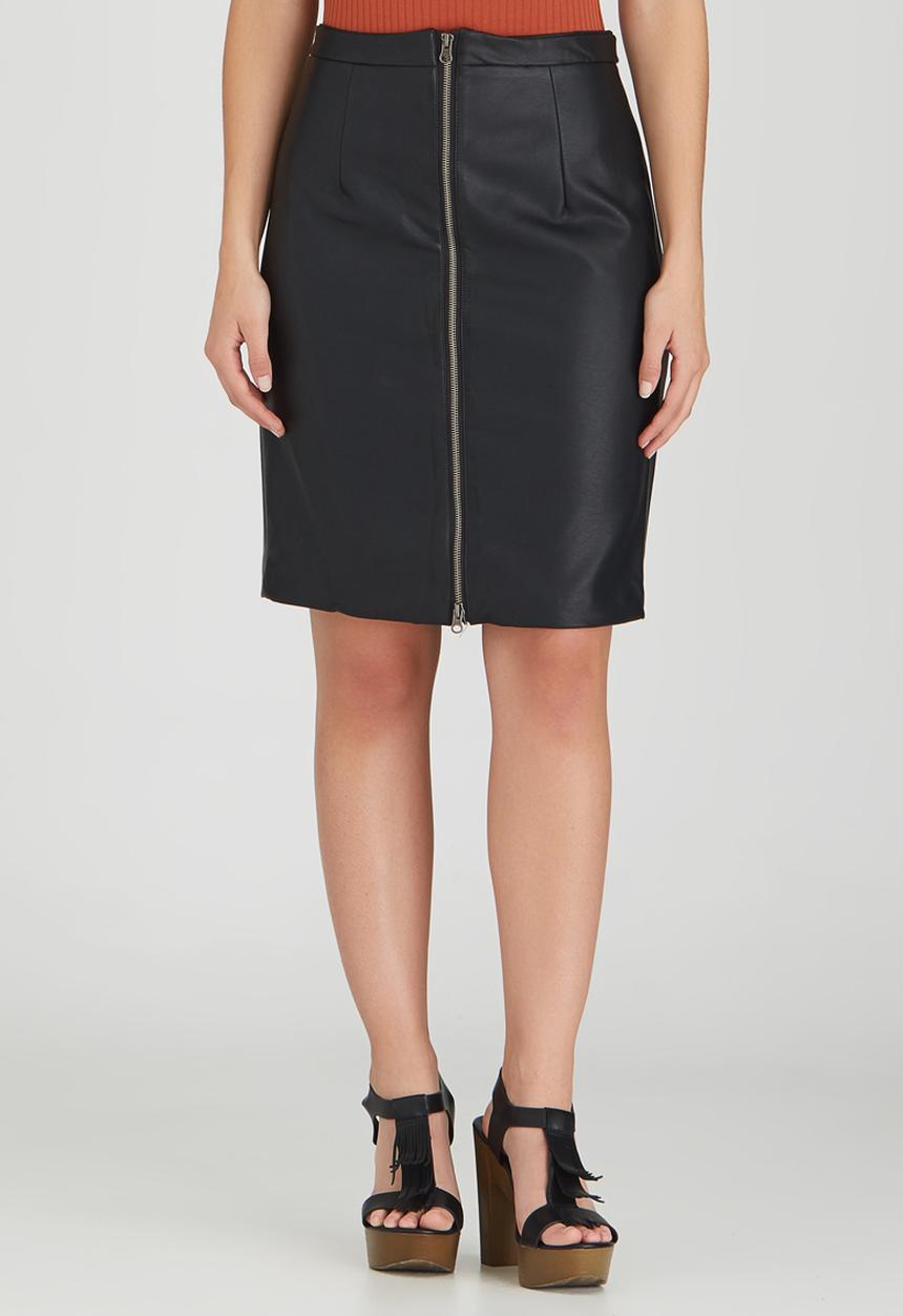 Brave Soul - Zip Front Leather-look Skirt Black