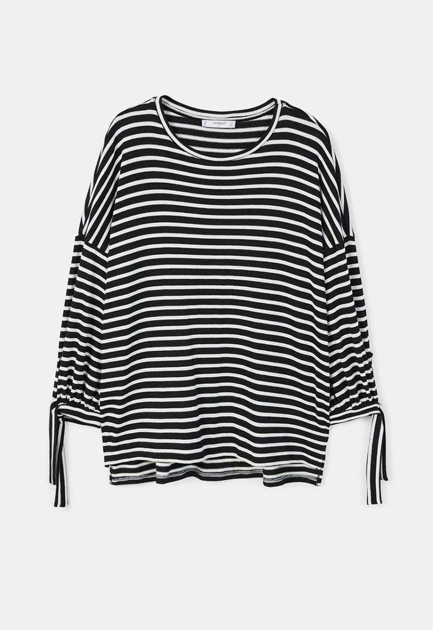 MANGO - Striped Lace-Up Top - Black & White