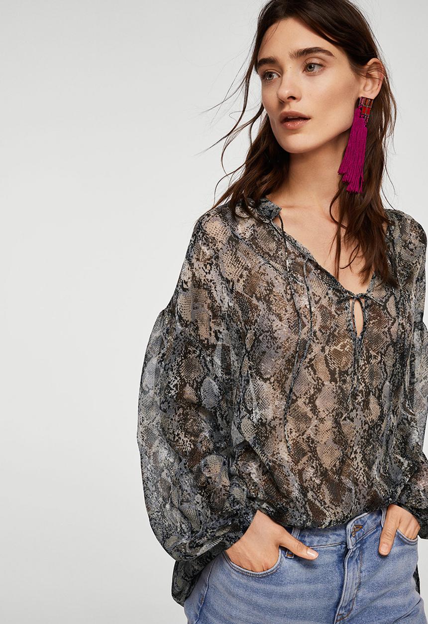 MANGO - Sheer Printed Blouse - Grey