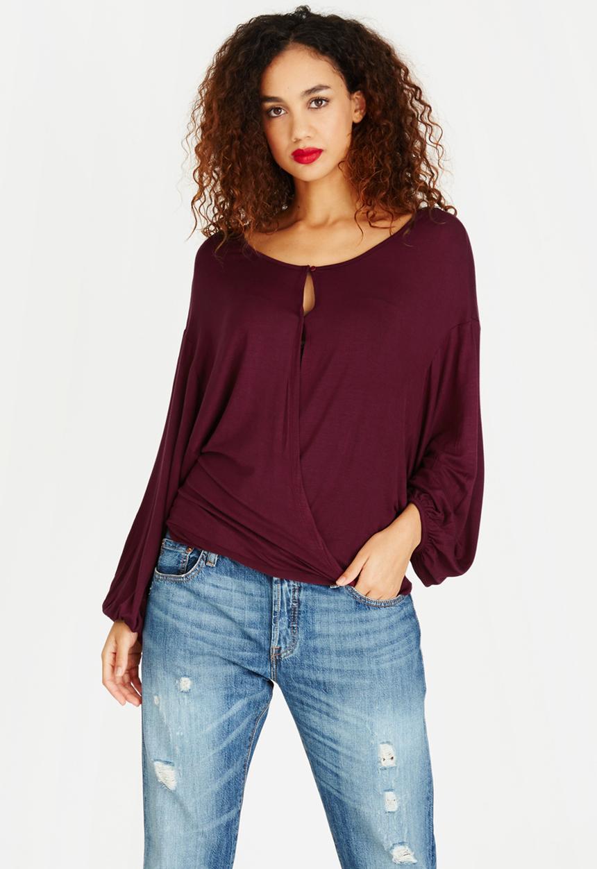 Brave Soul - Long Sleeve Drape Cross Over Top Dark Red