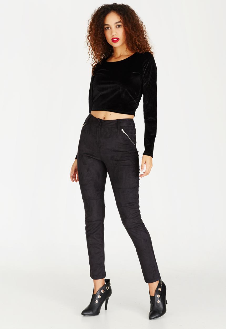 Brave Soul - Long Sleeve Crop Velveteen Top Black