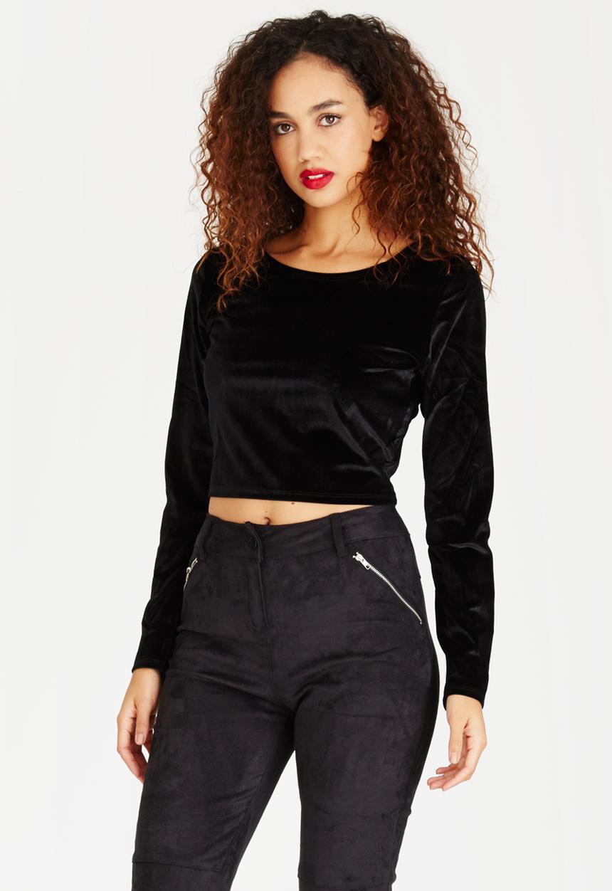 Brave Soul - Long Sleeve Crop Velveteen Top Black