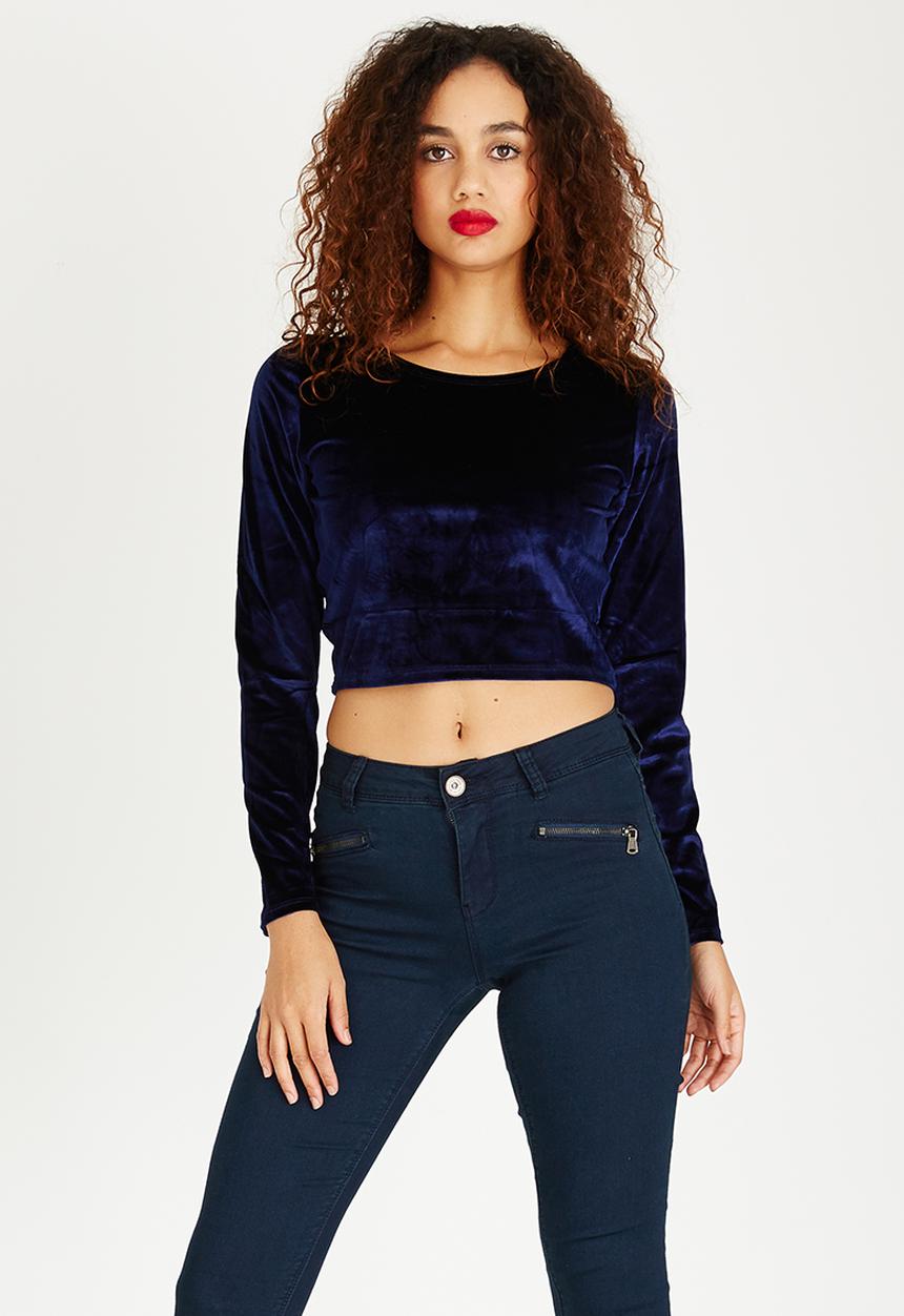 Brave Soul - Long Sleeve Crop Velveteen Top Navy