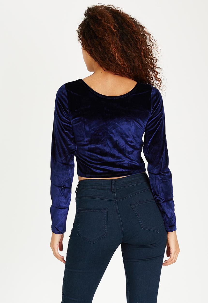Brave Soul - Long Sleeve Crop Velveteen Top Navy