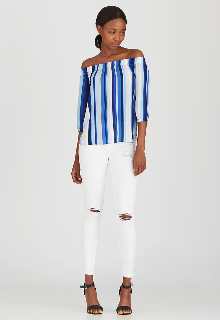 Sassoon - Sunday Blues Striped Off-the-shoulder Top Mid Blue