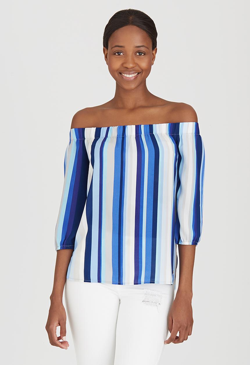 Sassoon - Sunday Blues Striped Off-the-shoulder Top Mid Blue
