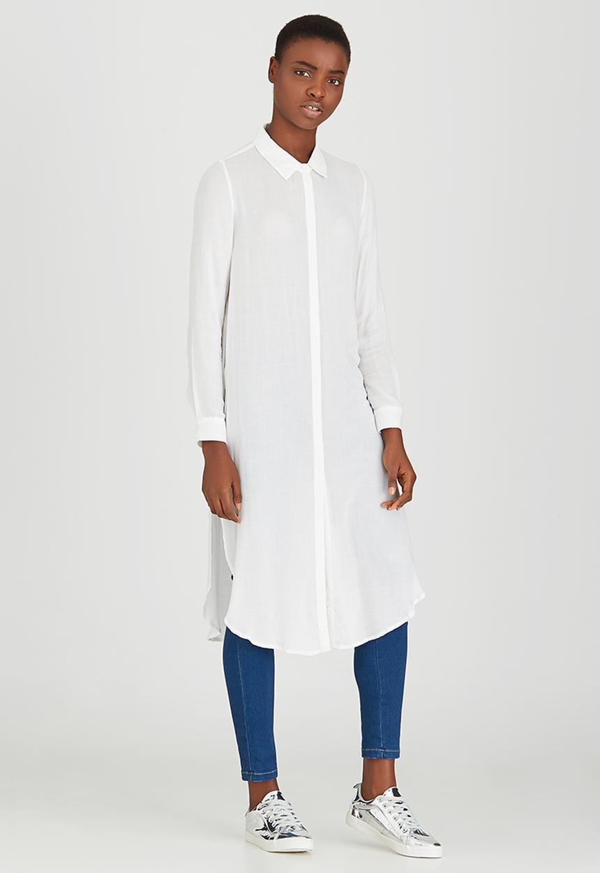 ONLY - Long Sleeve Longline Shirt White