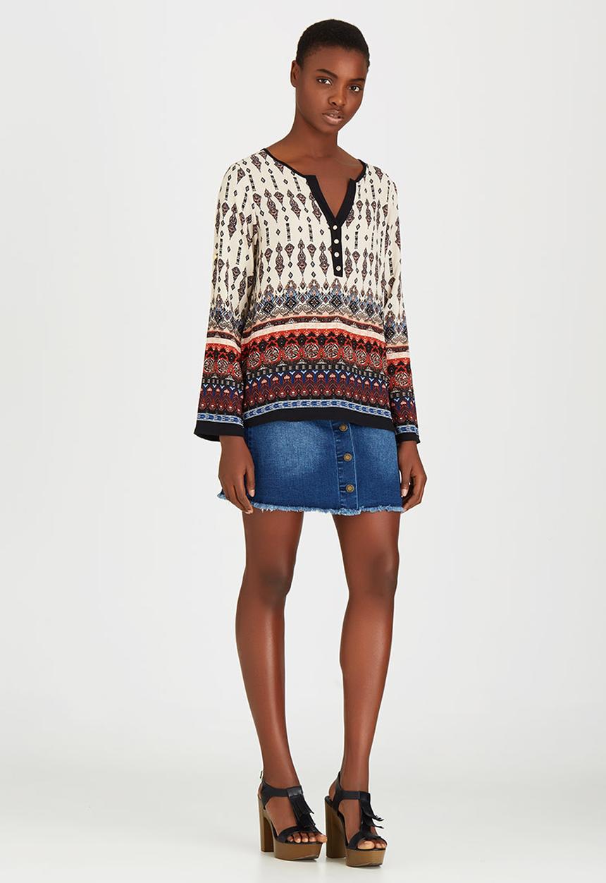 Brave Soul - Border Print Button Blouse Cream