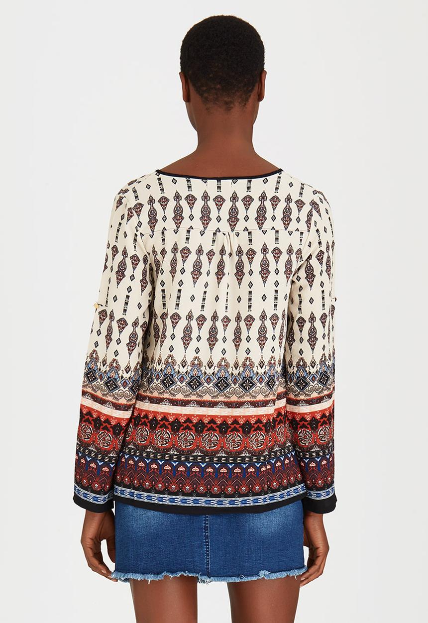 Brave Soul - Border Print Button Blouse Cream