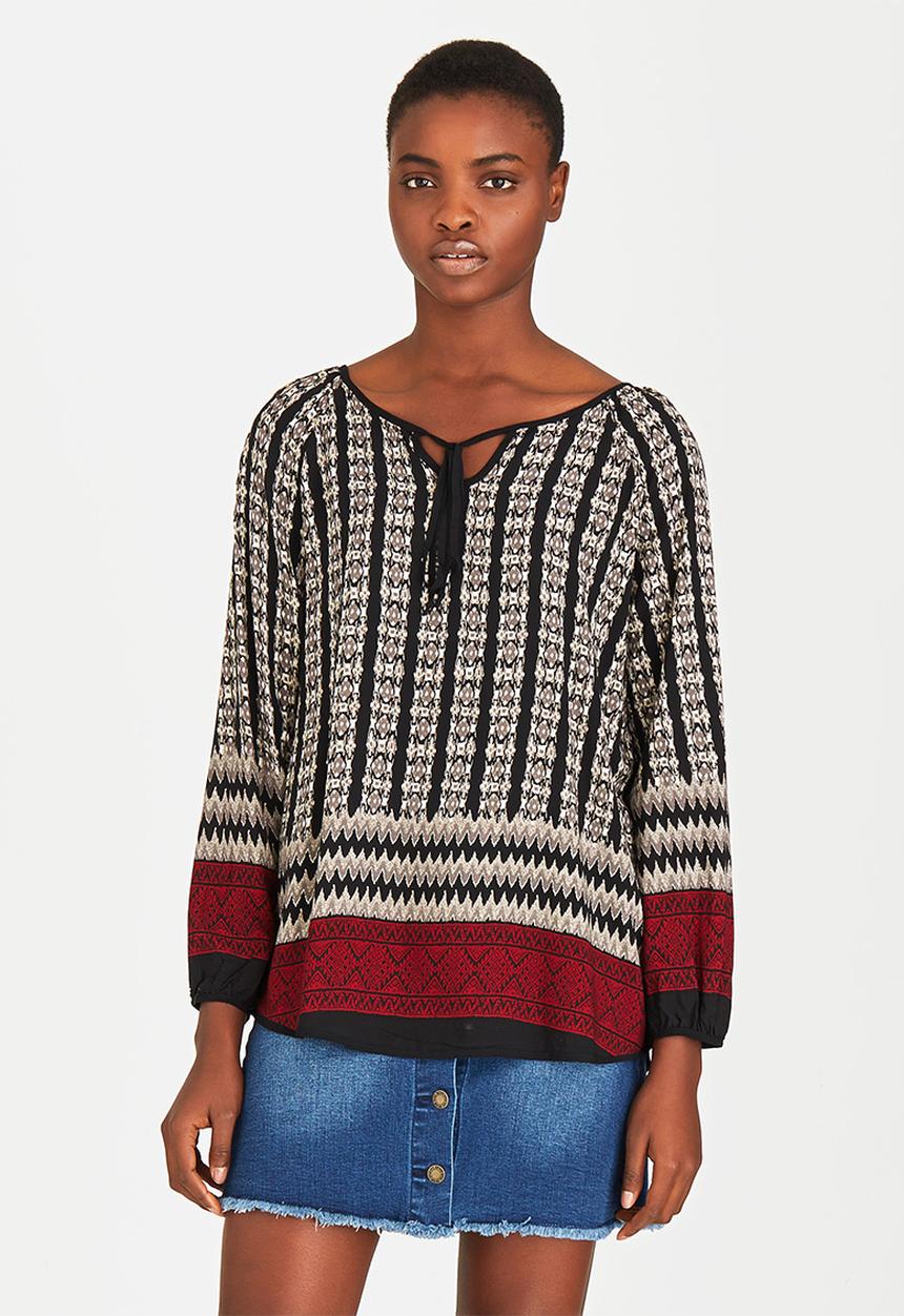 Brave Soul - Border Printed Smock Top Black