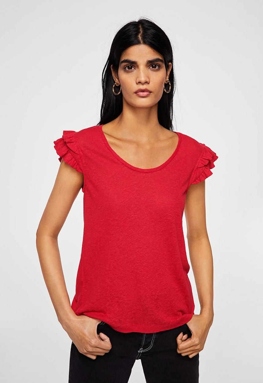 MANGO - Silvia Ruffled Sleeve T-shirt Red