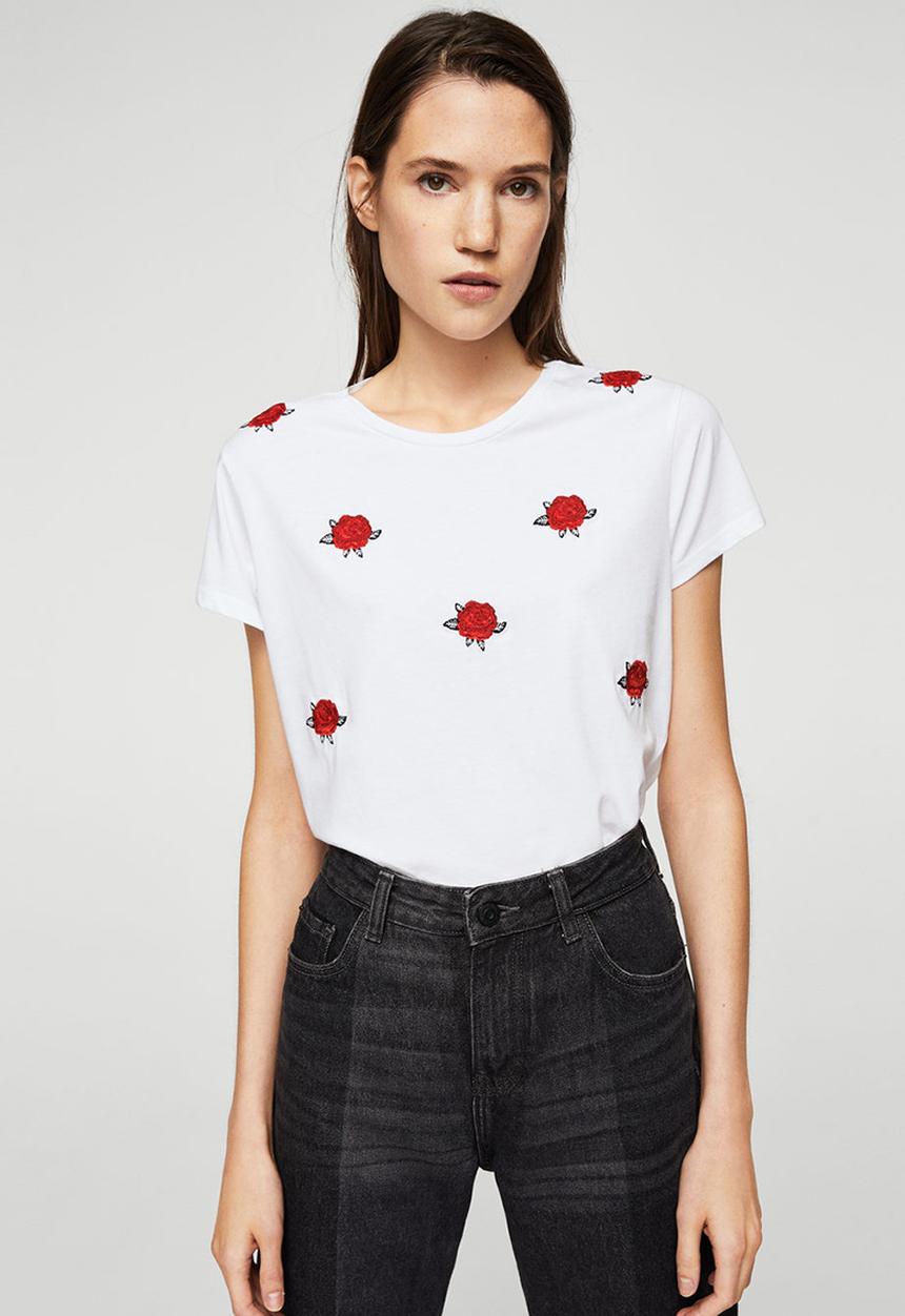 MANGO - Embroidered Flowers T-shirt White