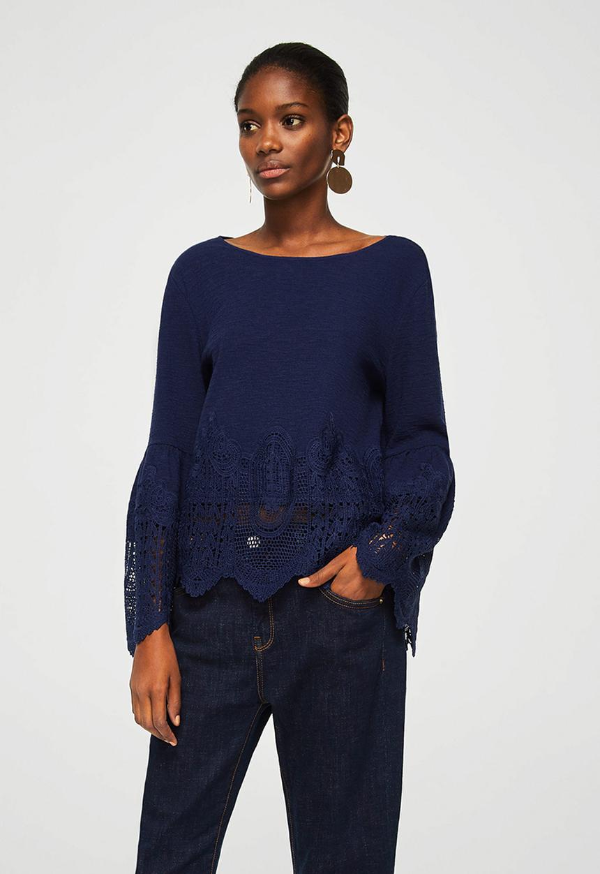 MANGO - Guipure Panel T-shirt Navy