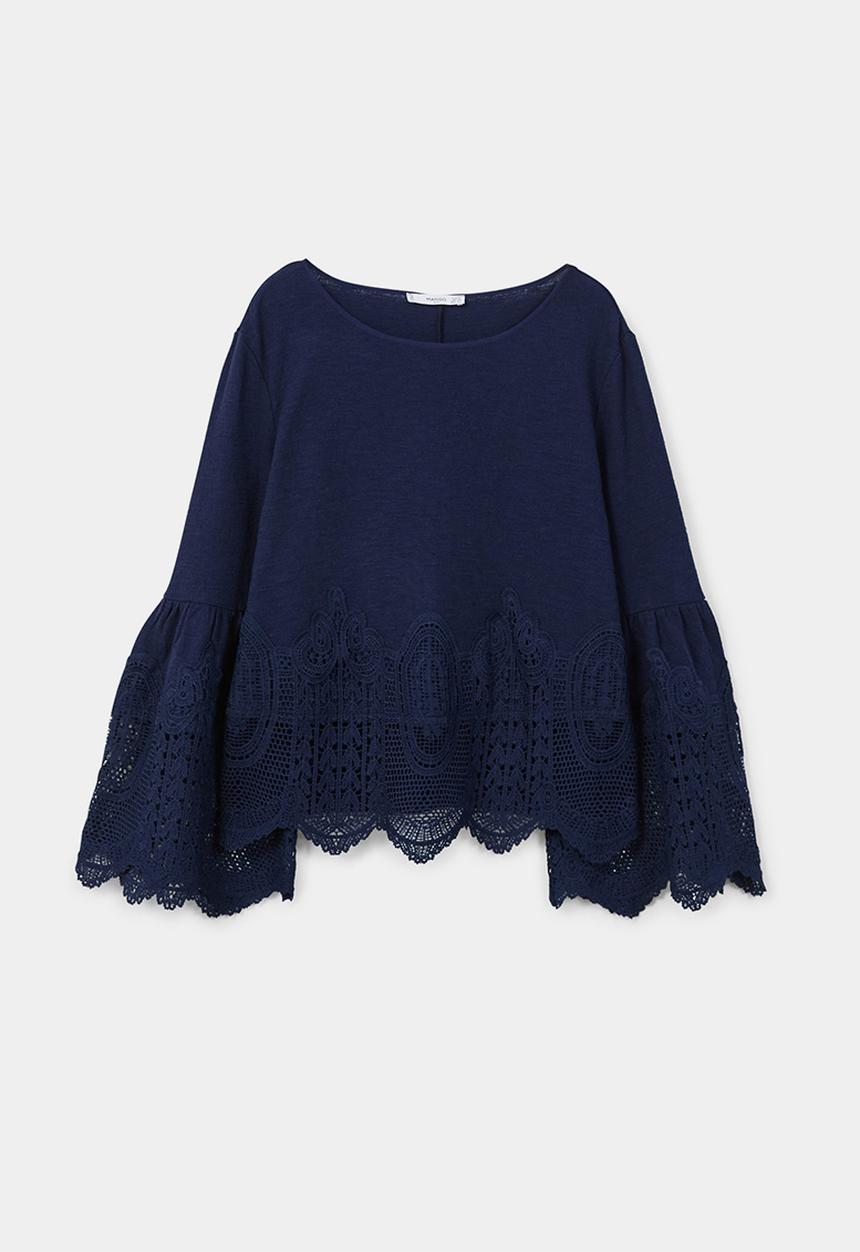MANGO - Guipure Panel T-shirt Navy
