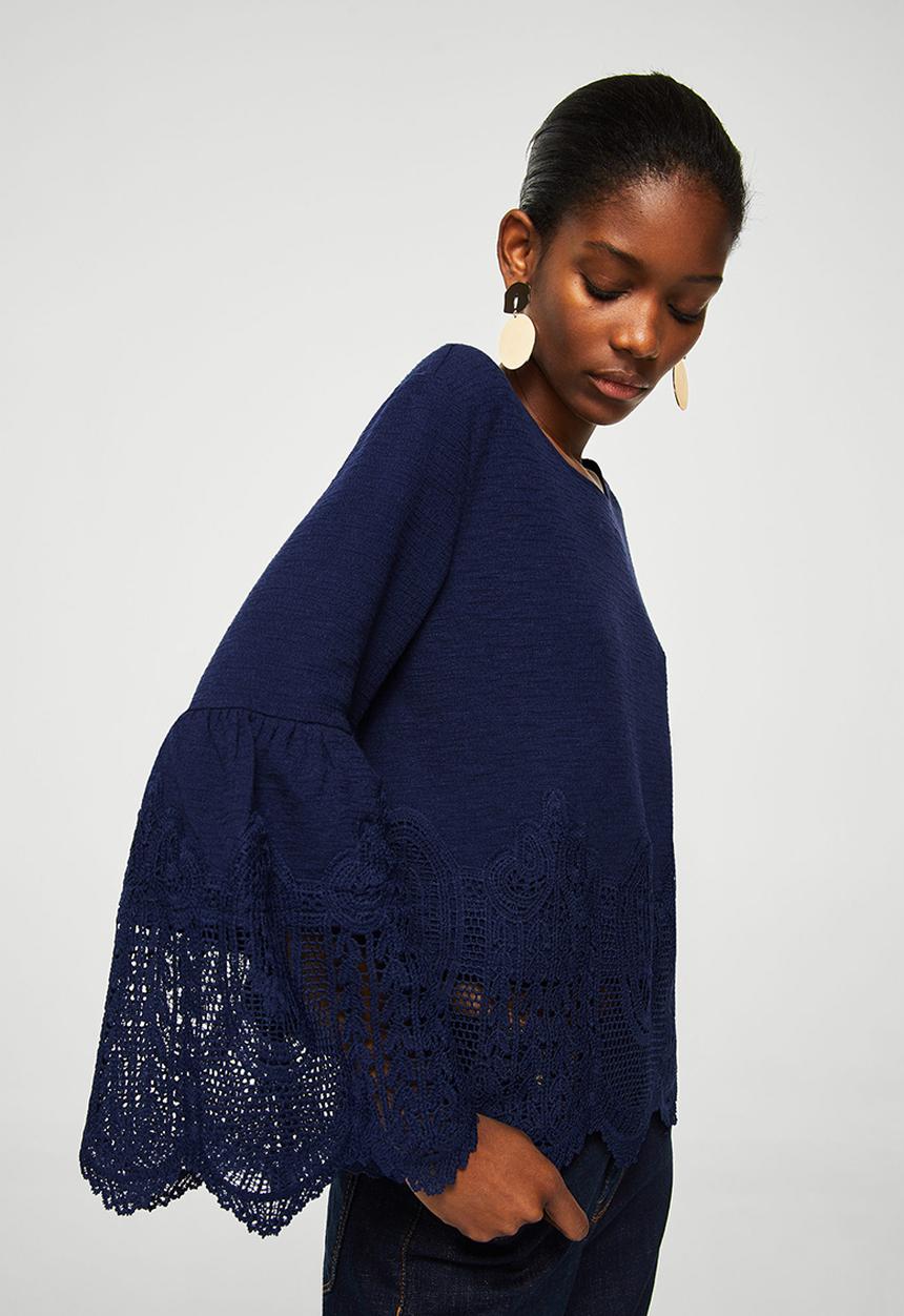 MANGO - Guipure Panel T-shirt Navy
