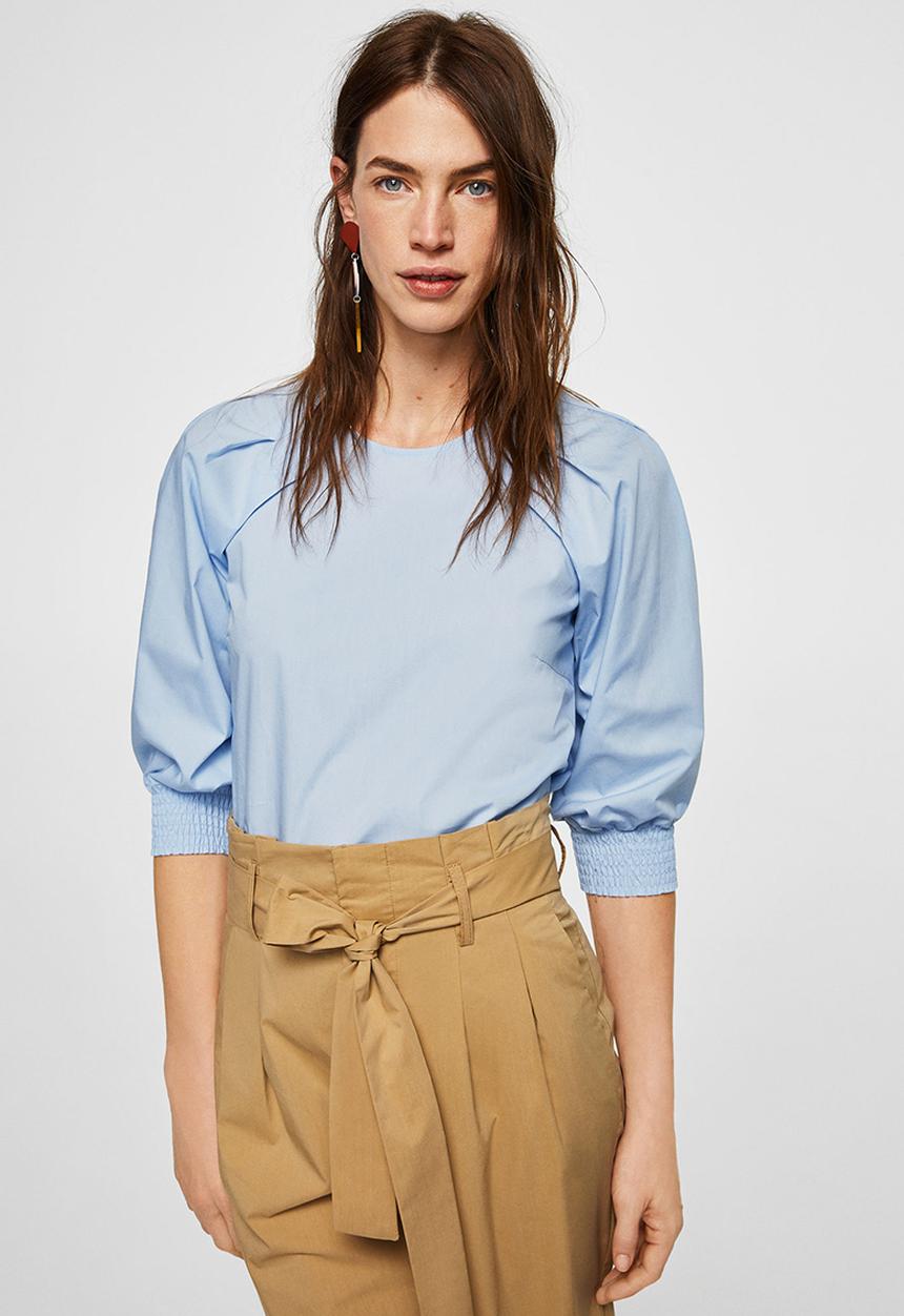 MANGO - Pleat Detail Blouse Pale Blue