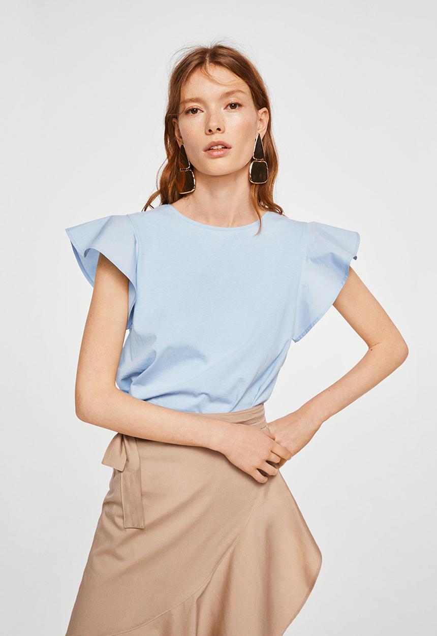 MANGO - Ruffled Sleeve T-shirt Pale Blue