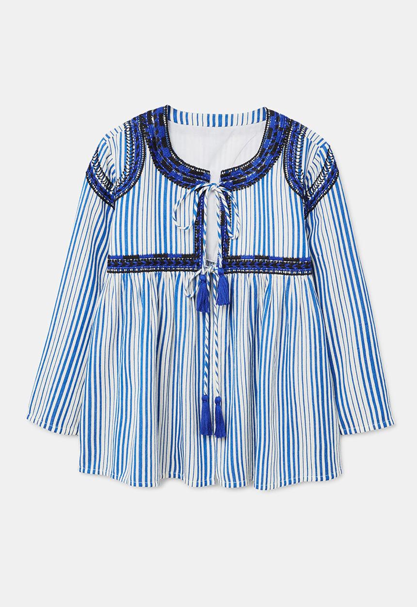 MANGO - Striped Embroidery Blouse Blue
